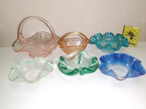 6 x Venetian Glass trinket holder`s 3 x Hankychif dishes and a basket plus a leaf trinket bowl.