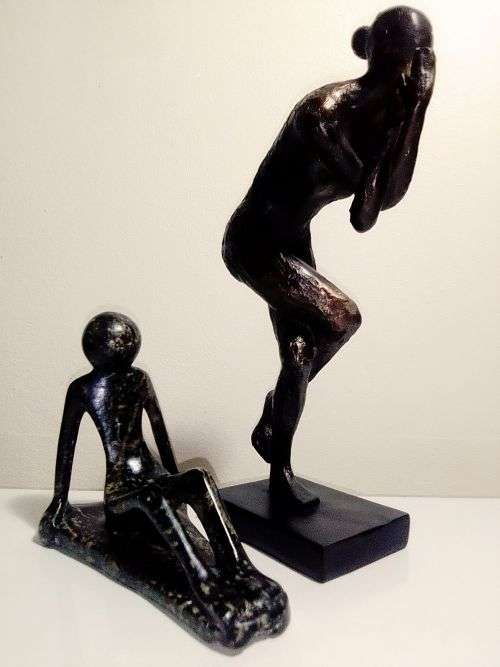 `RESERVED FOR MOMACO 1981`. Two abstract Figurines. Cold cast Bronze+ a heavy Granite female forms