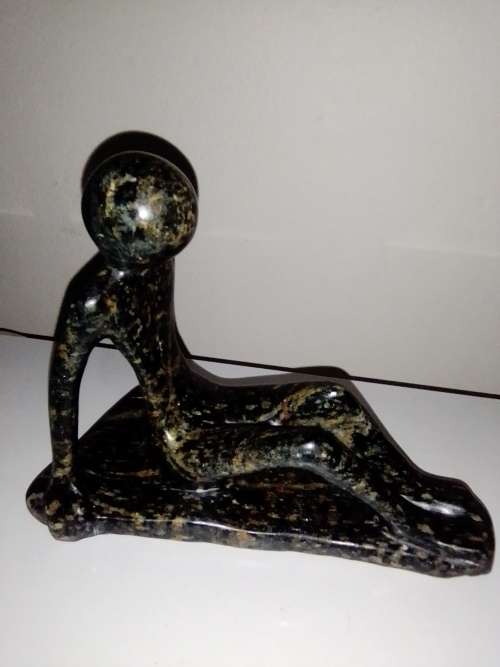 `RESERVED FOR MOMACO 1981`. Two abstract Figurines. Cold cast Bronze+ a heavy Granite female forms