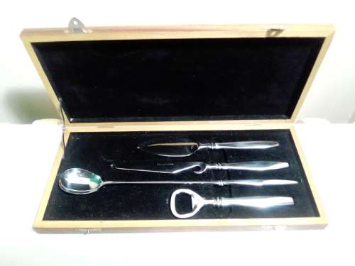 Collectible Mercedes Benz shot glasses wooden box Plus a boxed Bar spanner (opener/mixer) tool kit