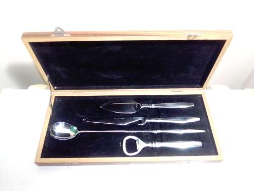 Collectible Mercedes Benz shot glasses wooden box Plus a boxed Bar spanner (opener/mixer) tool kit