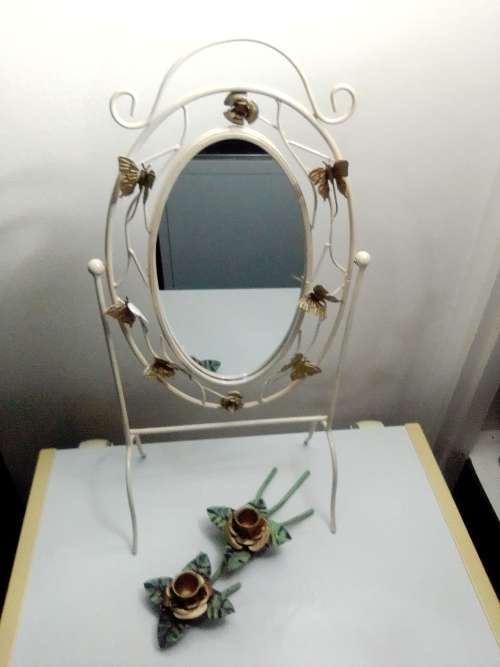 Table Mirror Large Wrought Iron ivory With Butterflys Make Up mirror and double Candle Stick