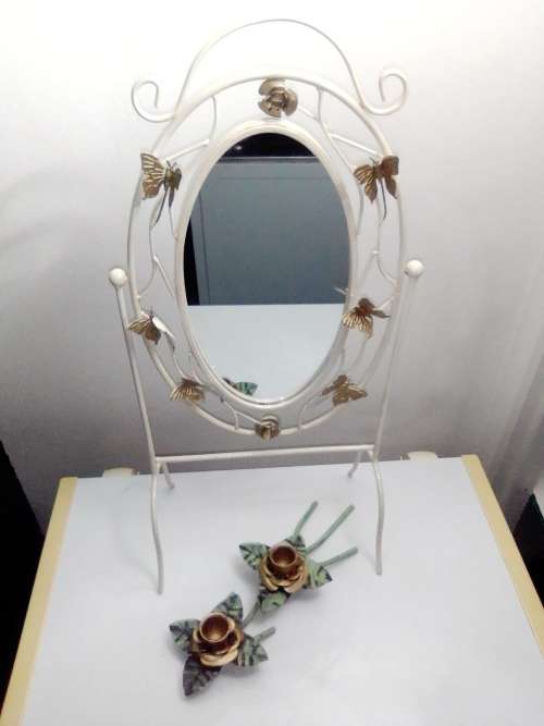 Table Mirror Large Wrought Iron ivory With Butterflys Make Up mirror and double Candle Stick