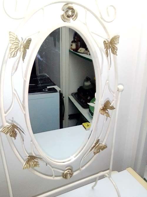 Table Mirror Large Wrought Iron ivory With Butterflys Make Up mirror and double Candle Stick