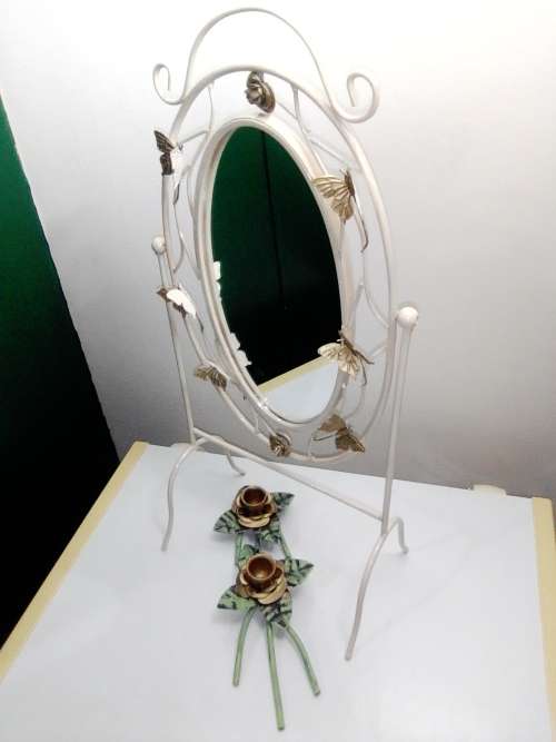 Table Mirror Large Wrought Iron ivory With Butterflys Make Up mirror and double Candle Stick