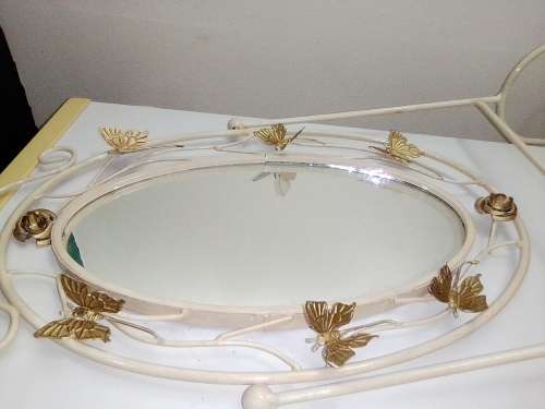 Table Mirror Large Wrought Iron ivory With Butterflys Make Up mirror and double Candle Stick