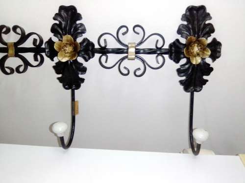 Vintage French Ornate Clothes or Coat Hanger, Hat Rack, Wrought Iron and Porcelain Knobs.
