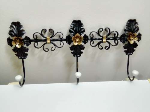 Vintage French Ornate Clothes or Coat Hanger, Hat Rack, Wrought Iron and Porcelain Knobs.