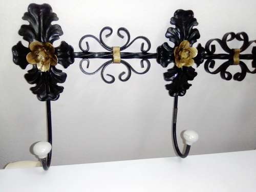 Vintage French Ornate Clothes or Coat Hanger, Hat Rack, Wrought Iron and Porcelain Knobs.