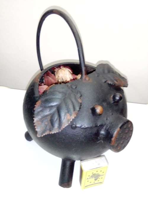 Vintage black steel Potbelly Pig watering can. Whimsical `Hold Your Bacon` Pig Iron watering Can.