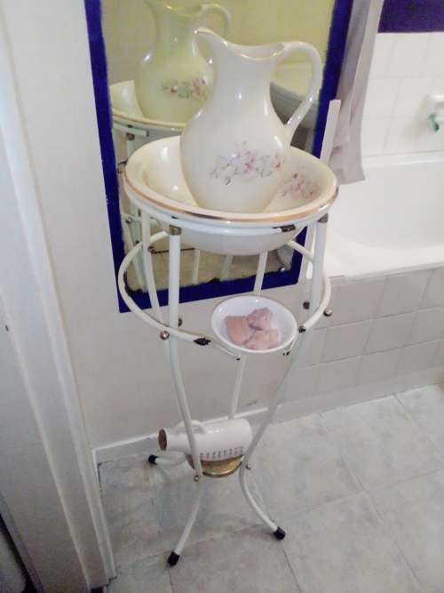 Awesome Antique Style Washstand, heavy stoneware Jug bowl, Corelle Soap dish + Novelty Adult Jar.