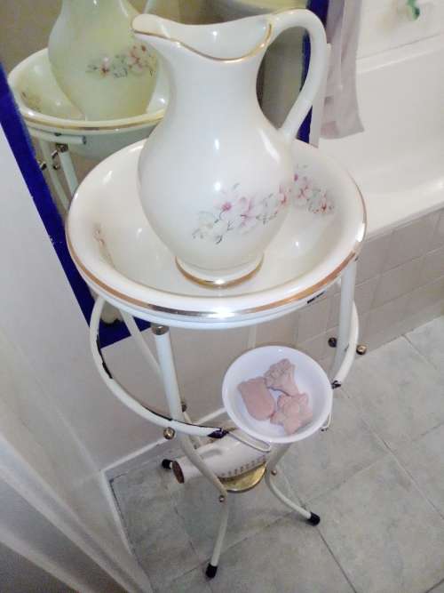 Awesome Antique Style Washstand, heavy stoneware Jug bowl, Corelle Soap dish + Novelty Adult Jar.