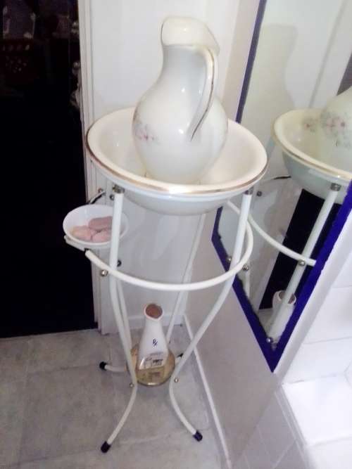 Awesome Antique Style Washstand, heavy stoneware Jug bowl, Corelle Soap dish + Novelty Adult Jar.