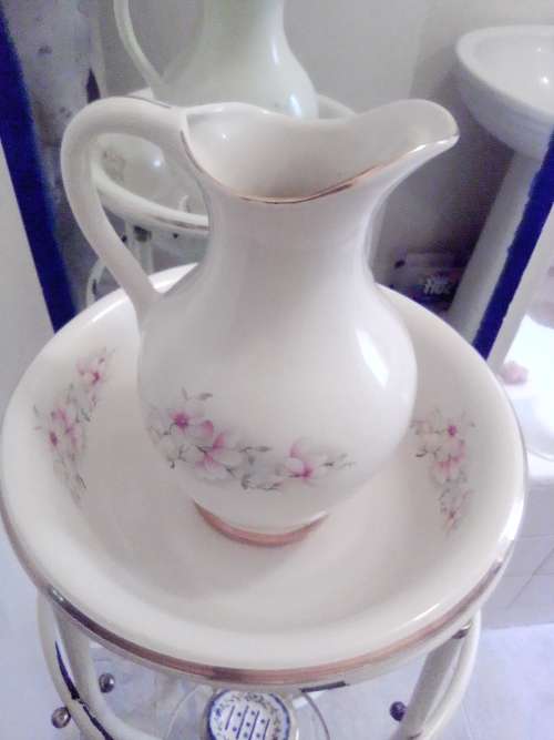 Awesome Antique Style Washstand, heavy stoneware Jug bowl, Corelle Soap dish + Novelty Adult Jar.