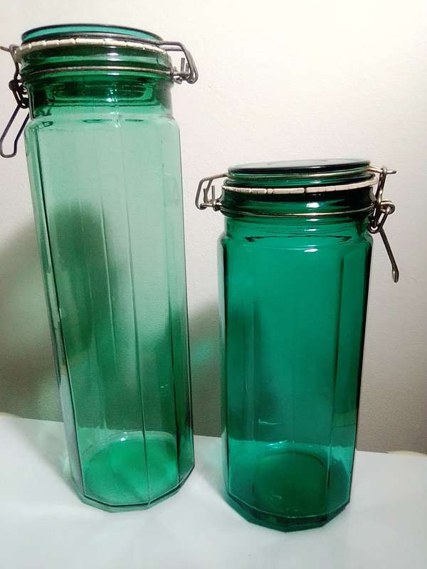 2 Hand Blowen, very old Turquoise Green steel clasp seal preserve large Bottles.