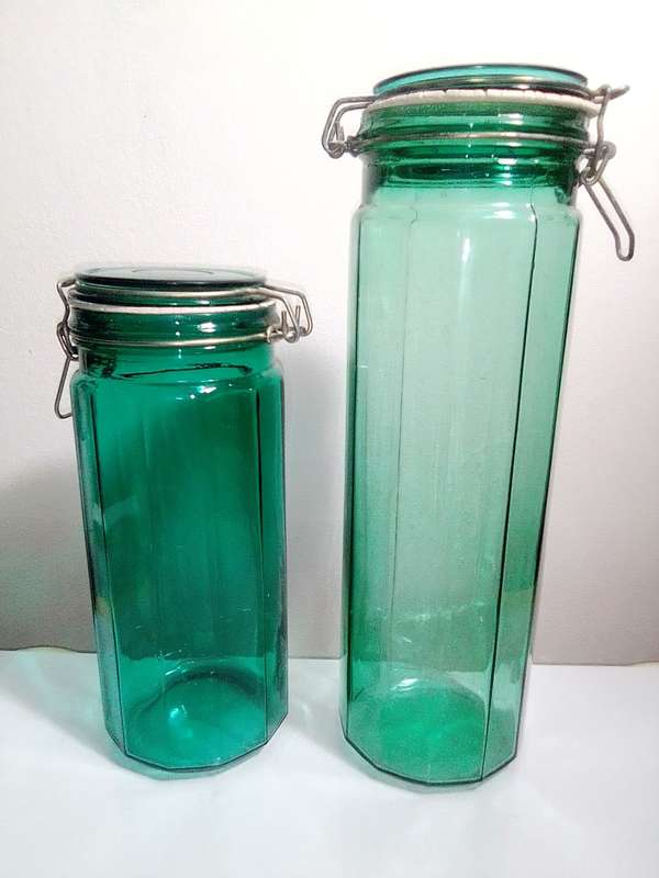 2 Hand Blowen, very old Turquoise Green steel clasp seal preserve large Bottles.