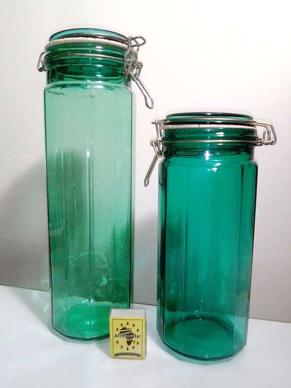 2 Hand Blowen, very old Turquoise Green steel clasp seal preserve large Bottles.