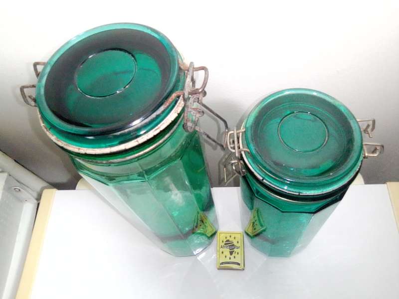 2 Hand Blowen, very old Turquoise Green steel clasp seal preserve large Bottles.