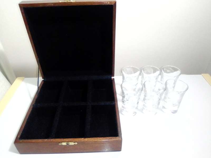 Collectible Mercedes Benz shot glasses wooden box Plus a boxed Bar spanner (opener/mixer) tool kit