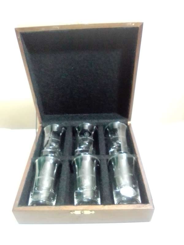 Collectible Mercedes Benz shot glasses wooden box Plus a boxed Bar spanner (opener/mixer) tool kit