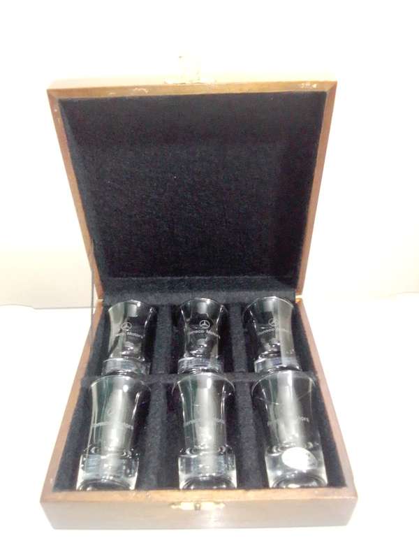 Collectible Mercedes Benz shot glasses wooden box Plus a boxed Bar spanner (opener/mixer) tool kit