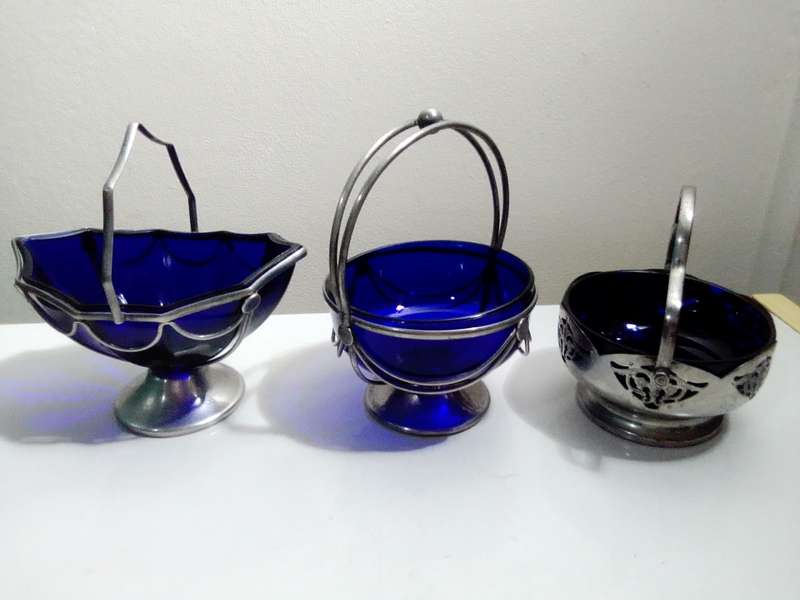 3 Cobalt Blue Glass Inners Trinket dish`s. 2 Celtic Plate with Solid and Swing Handles.