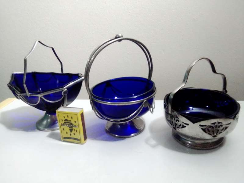 3 Cobalt Blue Glass Inners Trinket dish`s. 2 Celtic Plate with Solid and Swing Handles.
