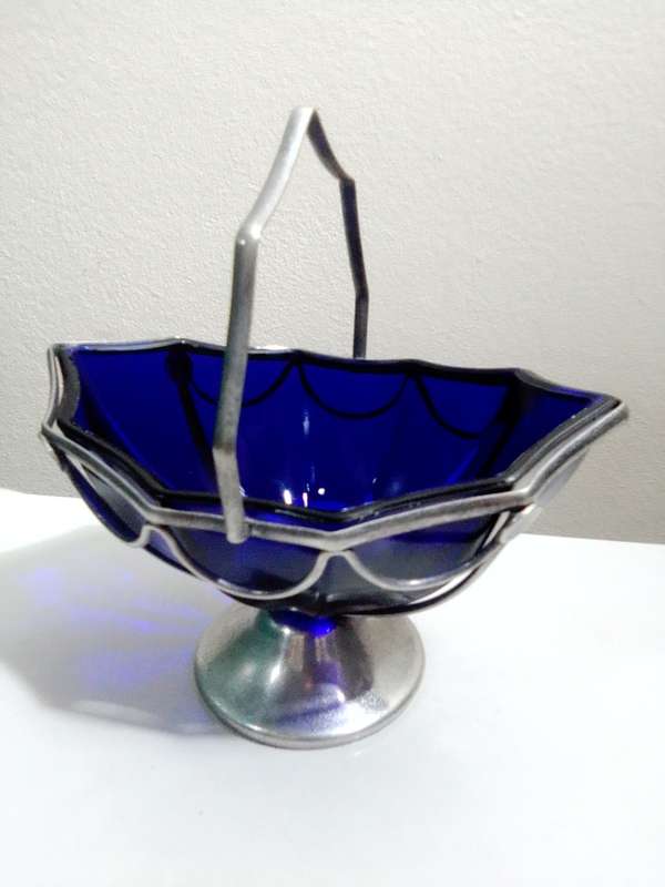 3 Cobalt Blue Glass Inners Trinket dish`s. 2 Celtic Plate with Solid and Swing Handles.