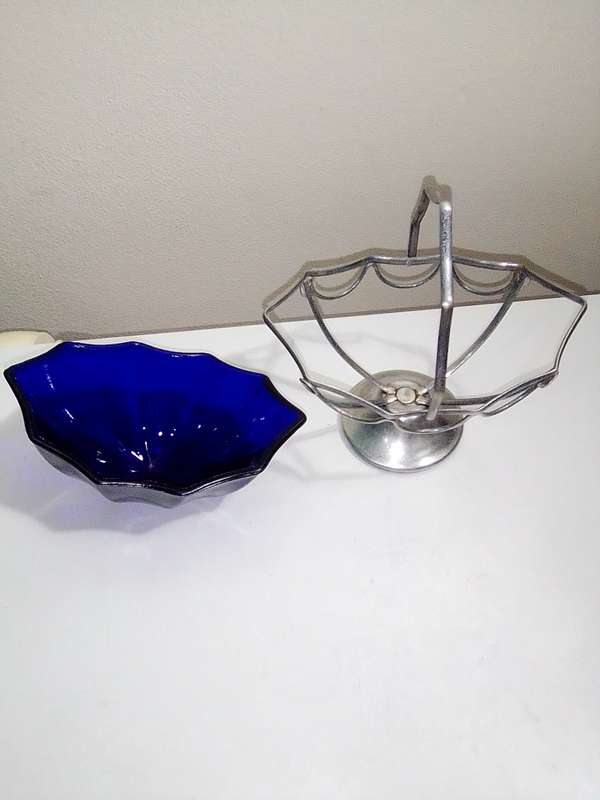 3 Cobalt Blue Glass Inners Trinket dish`s. 2 Celtic Plate with Solid and Swing Handles.