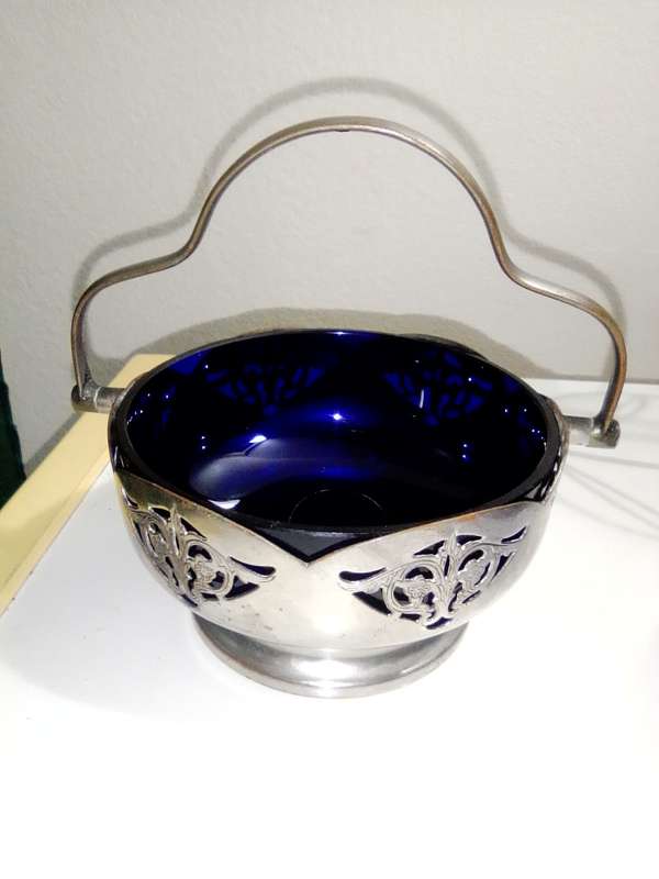 3 Cobalt Blue Glass Inners Trinket dish`s. 2 Celtic Plate with Solid and Swing Handles.