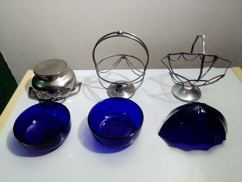 3 Cobalt Blue Glass Inners Trinket dish`s. 2 Celtic Plate with Solid and Swing Handles.