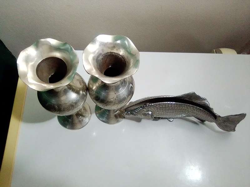 A {$250} 1960 `Modello Depositato` Fish Servette Holder made in ITALY + 2 x Indian S/Plate Vase`s