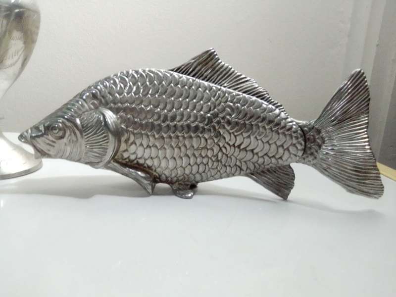 A {$250} 1960 `Modello Depositato` Fish Servette Holder made in ITALY + 2 x Indian S/Plate Vase`s