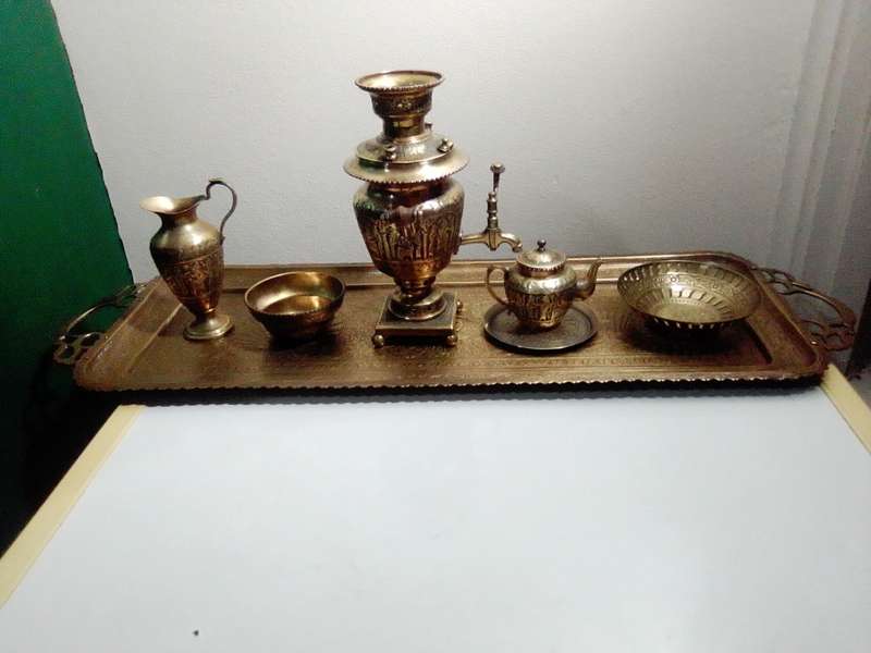Ornamental Royle imperial style, a classic samovar set tooled in brass. Kettle, Bowl, Peacock Tray.