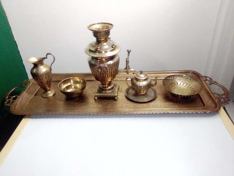 Ornamental Royle imperial style, a classic samovar set tooled in brass. Kettle, Bowl, Peacock Tray.