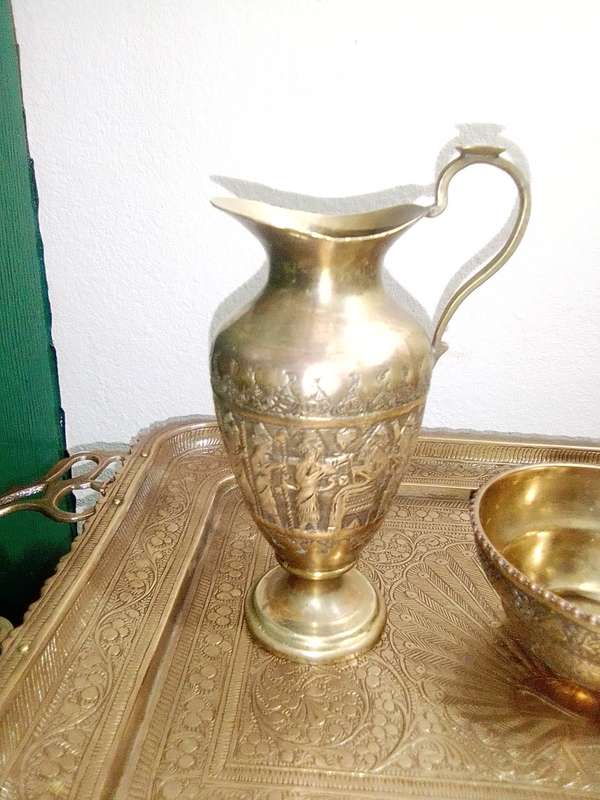 Ornamental Royle imperial style, a classic samovar set tooled in brass. Kettle, Bowl, Peacock Tray.
