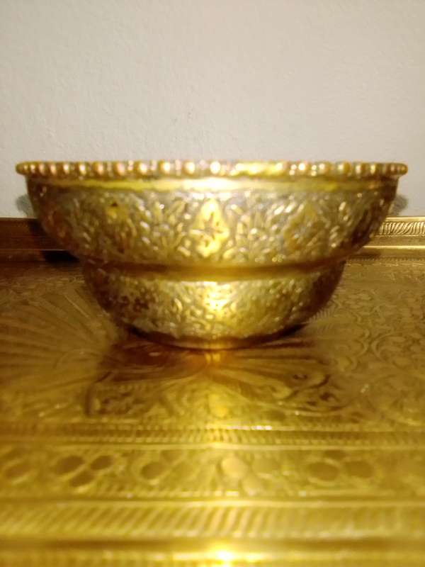 Ornamental Royle imperial style, a classic samovar set tooled in brass. Kettle, Bowl, Peacock Tray.