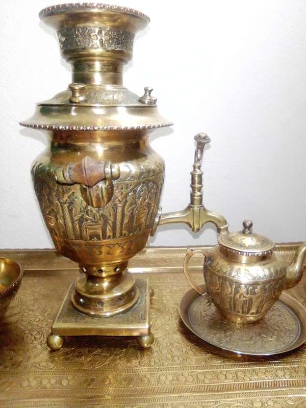 Ornamental Royle imperial style, a classic samovar set tooled in brass. Kettle, Bowl, Peacock Tray.