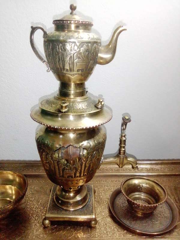 Ornamental Royle imperial style, a classic samovar set tooled in brass. Kettle, Bowl, Peacock Tray.