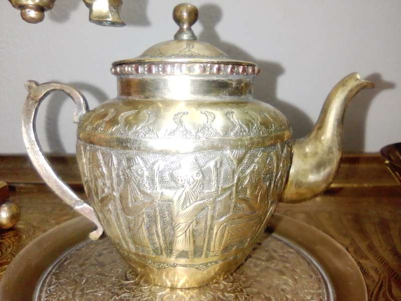 Ornamental Royle imperial style, a classic samovar set tooled in brass. Kettle, Bowl, Peacock Tray.