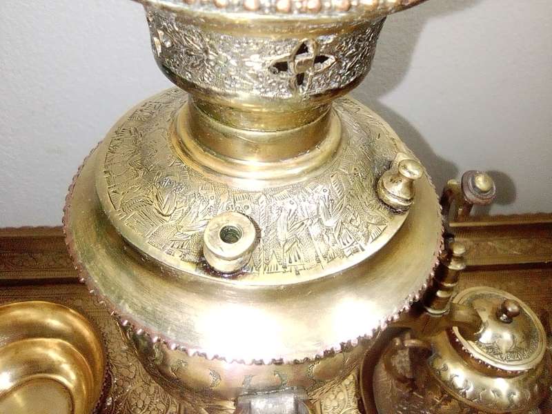 Ornamental Royle imperial style, a classic samovar set tooled in brass. Kettle, Bowl, Peacock Tray.