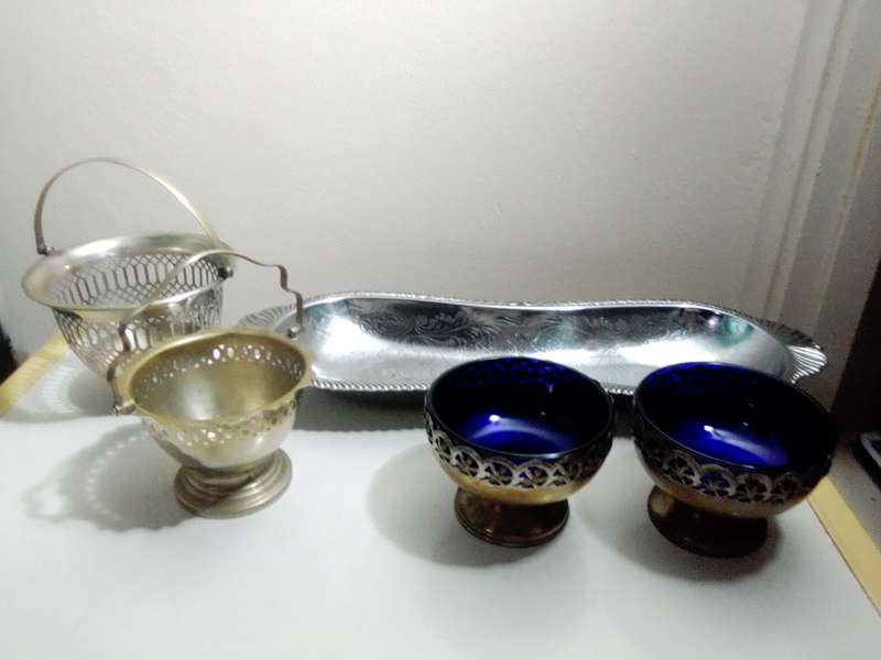 EPNS Silver Plated Pair of Salt Cellars with Cobalt Blue Glass Liner (c1910s). Bread Tray.2x Bonbon