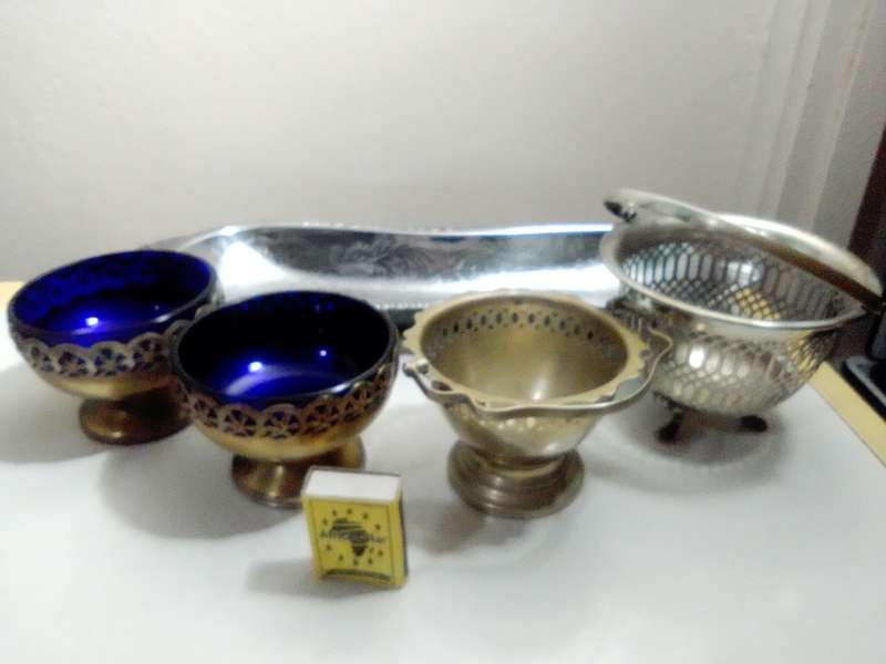 EPNS Silver Plated Pair of Salt Cellars with Cobalt Blue Glass Liner (c1910s). Bread Tray.2x Bonbon