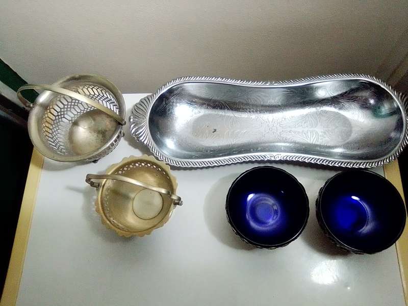EPNS Silver Plated Pair of Salt Cellars with Cobalt Blue Glass Liner (c1910s). Bread Tray.2x Bonbon