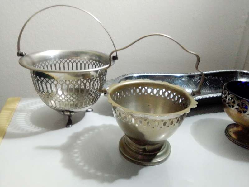 EPNS Silver Plated Pair of Salt Cellars with Cobalt Blue Glass Liner (c1910s). Bread Tray.2x Bonbon