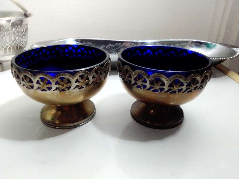 EPNS Silver Plated Pair of Salt Cellars with Cobalt Blue Glass Liner (c1910s). Bread Tray.2x Bonbon