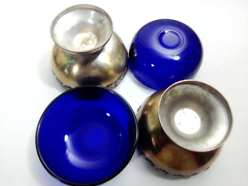 EPNS Silver Plated Pair of Salt Cellars with Cobalt Blue Glass Liner (c1910s). Bread Tray.2x Bonbon