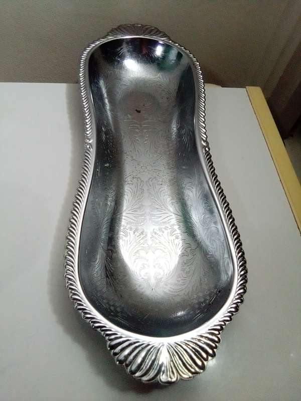 EPNS Silver Plated Pair of Salt Cellars with Cobalt Blue Glass Liner (c1910s). Bread Tray.2x Bonbon