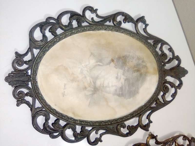 Ornate two photo frames. Both are Brass with Silk litho prints and stamped ITALY.