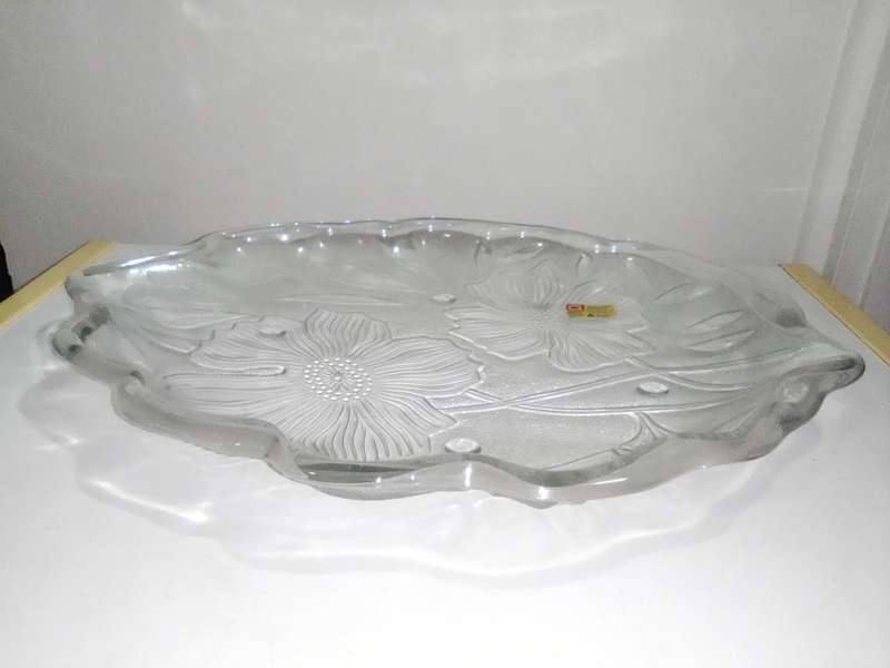 The Korean ornated `Lotus Flower Tray` In a box.  Large and heavy glass tray Dynisty Collection.